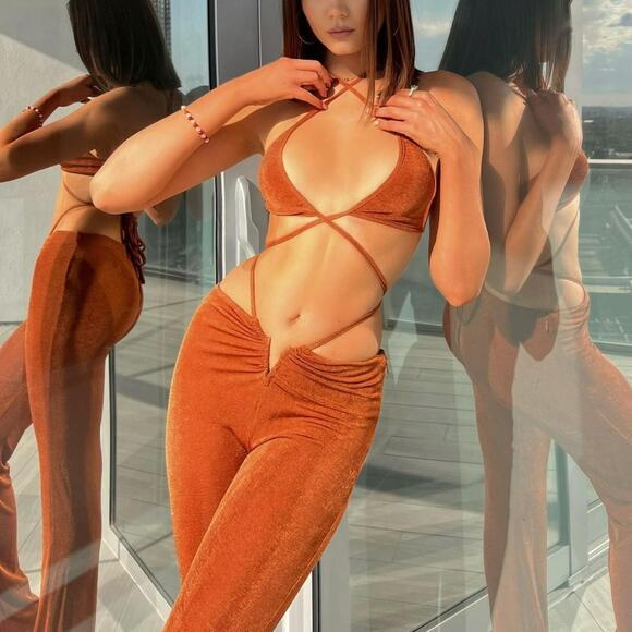 Superdown Irene Strappy Pant Set Brown Slinky Jersey 2pc Ruched Sheen Sz XL - Picture 3 of 13